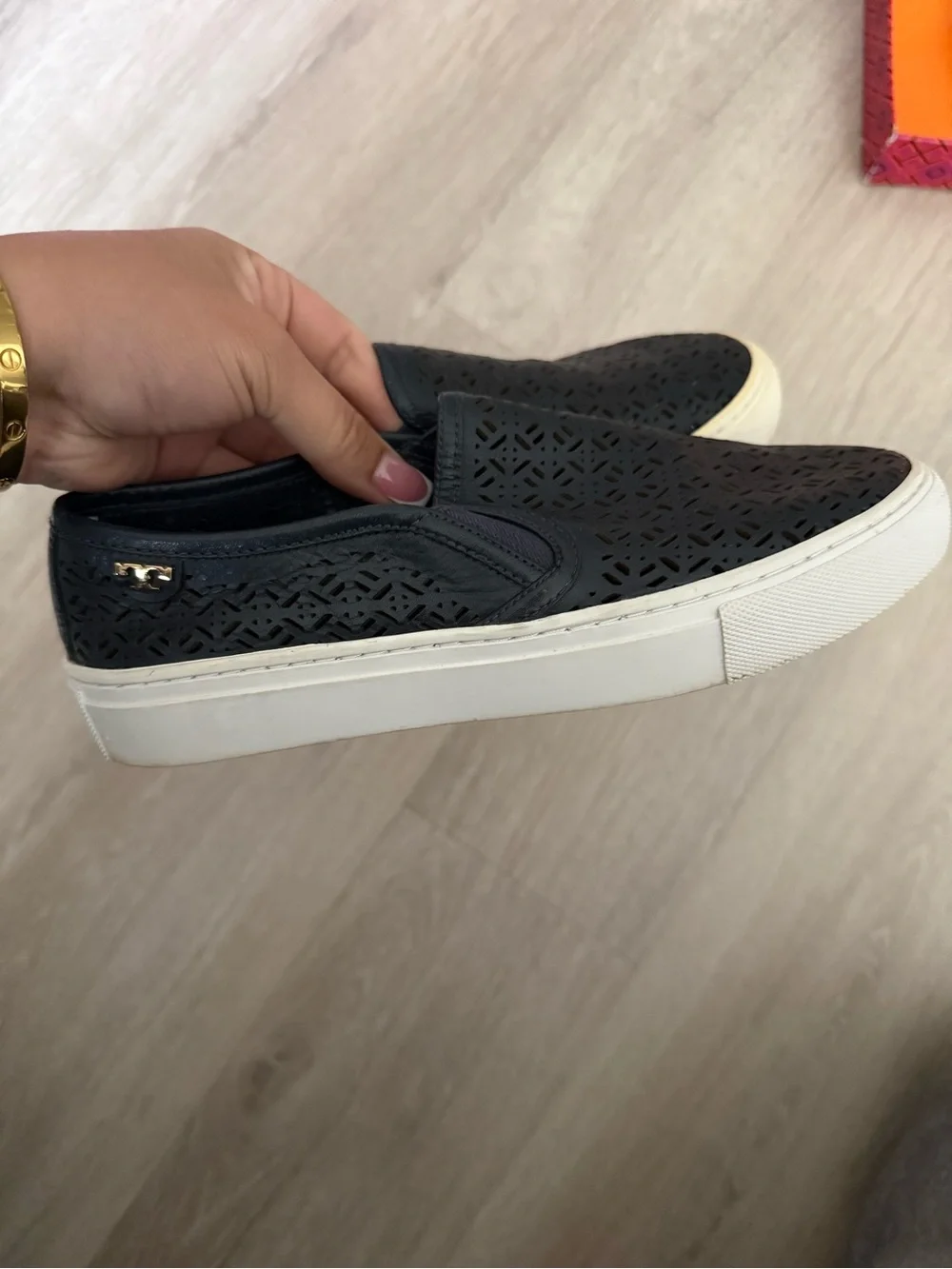 Tory Burch Navy Laser-Cut Slip-On Sneakers with White Sole